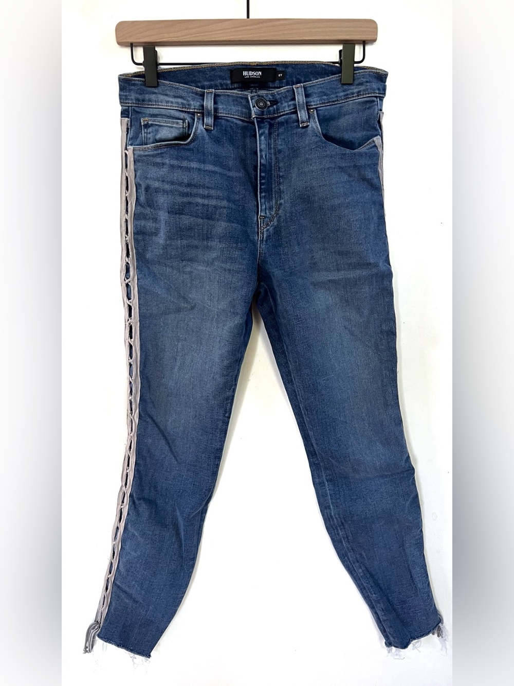 Hudson Barbara Skinny Jeans Womens 27 Lace Up Side Stripe Raw Hem Medium Wash